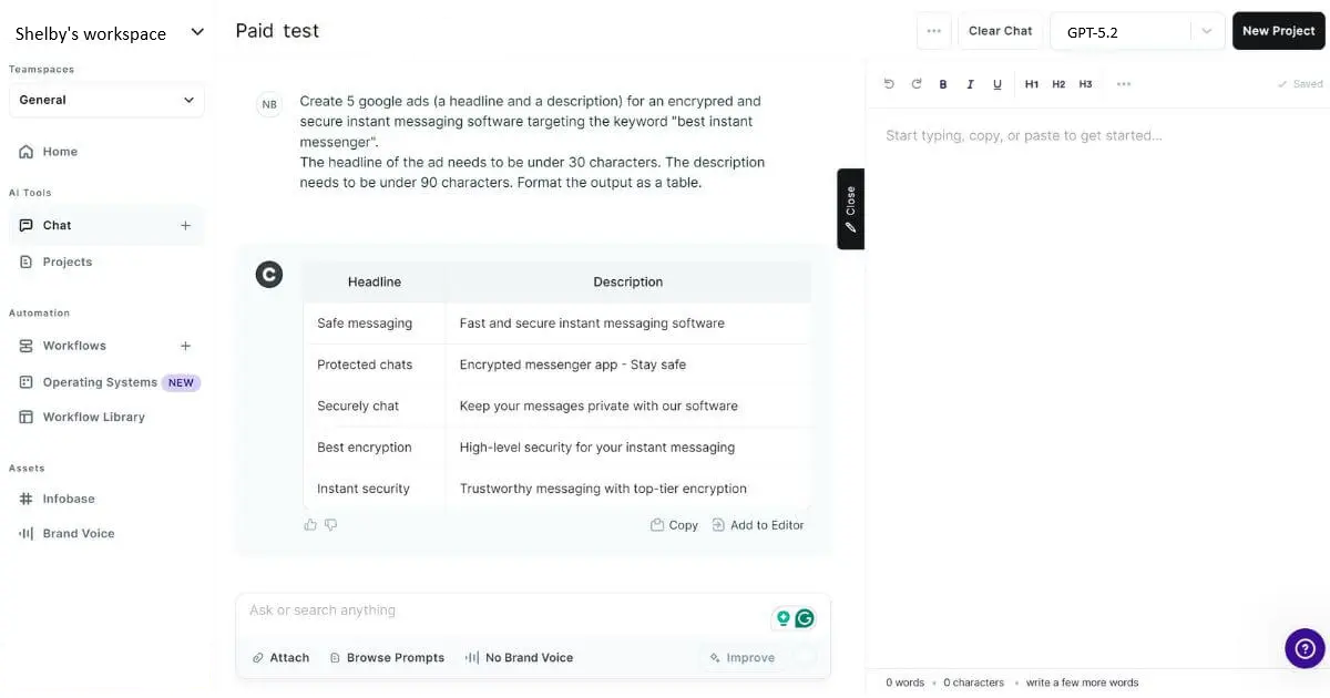 Copy.ai — UI screenshot from hands-on testing