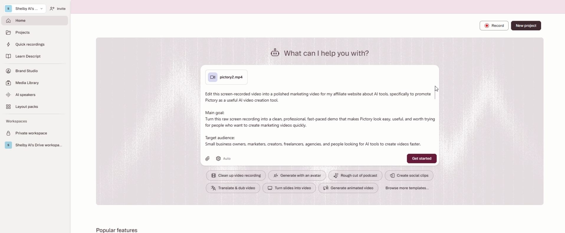 Descript — UI screenshot from hands-on testing