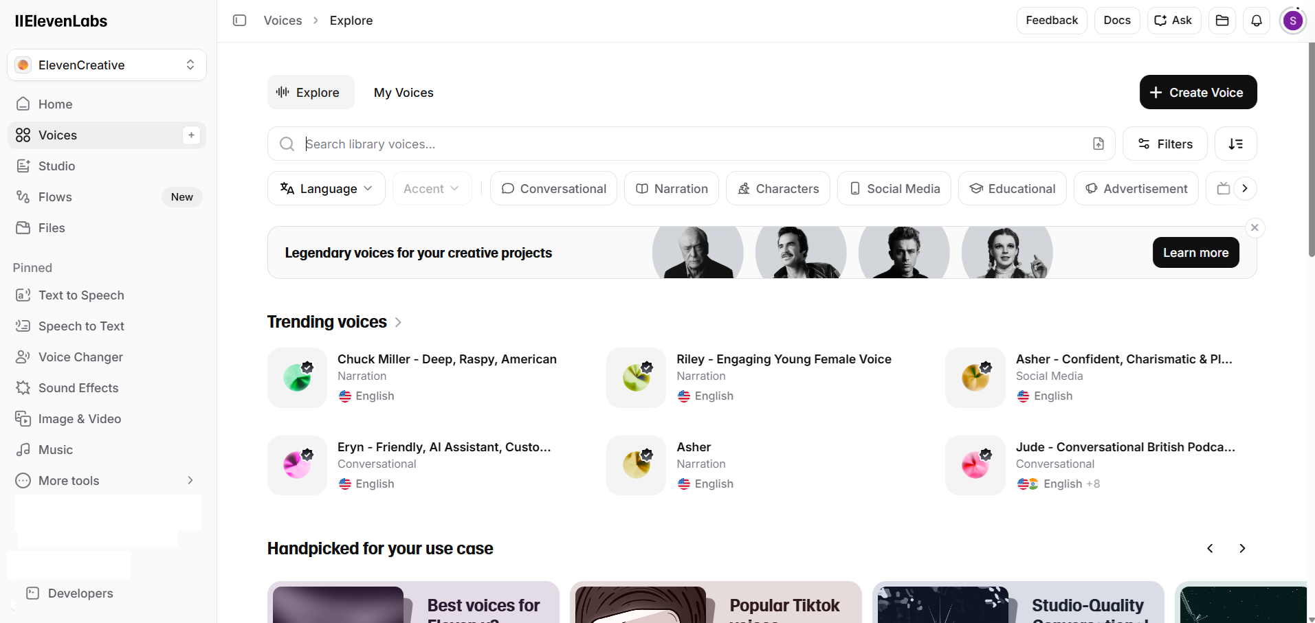 ElevenLabs — UI screenshot from hands-on testing