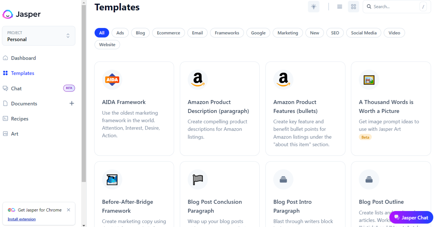 Jasper AI — UI screenshot from hands-on testing